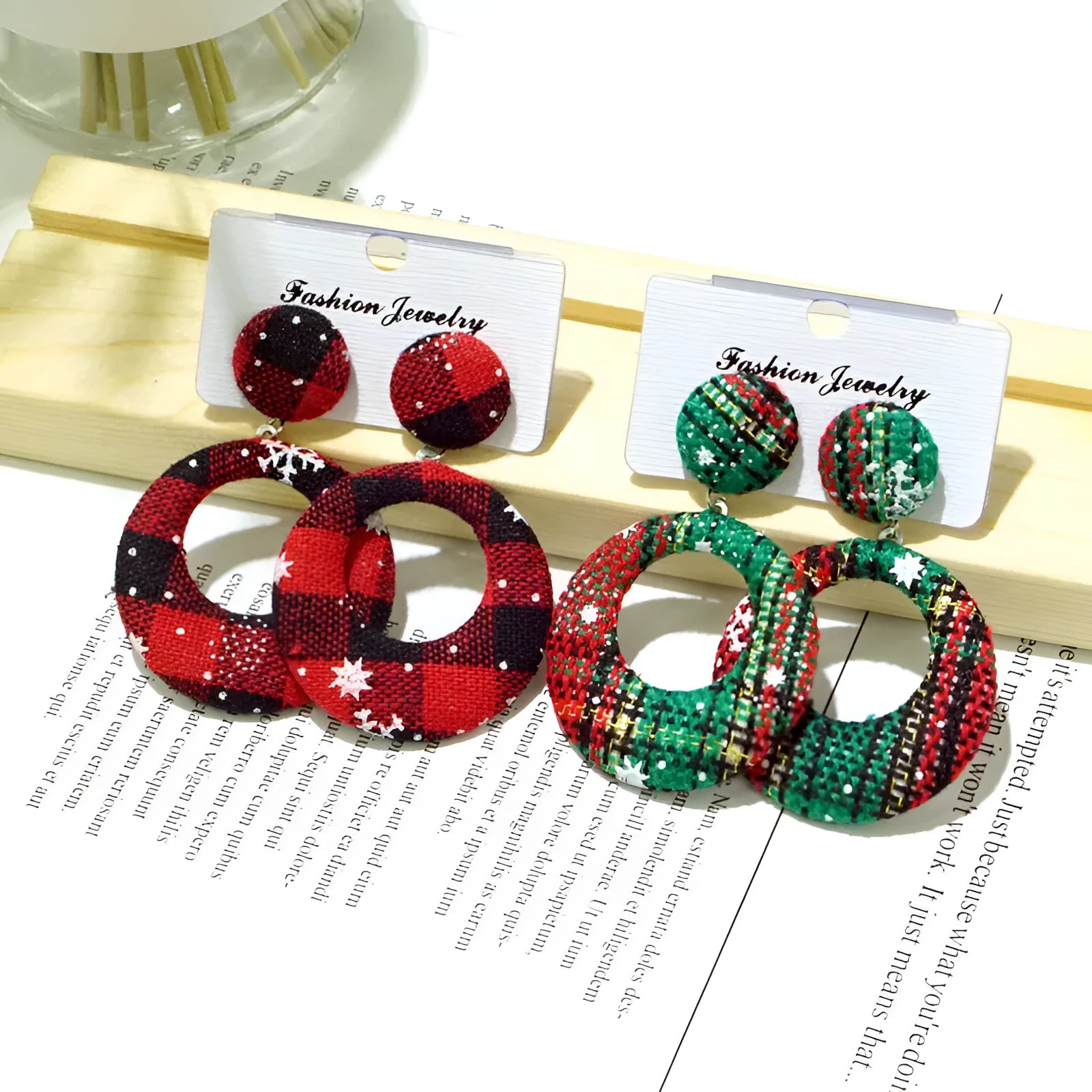 Round geometric snowflake cloth Christmas earrings 4cm diameter handmade festive jewellery