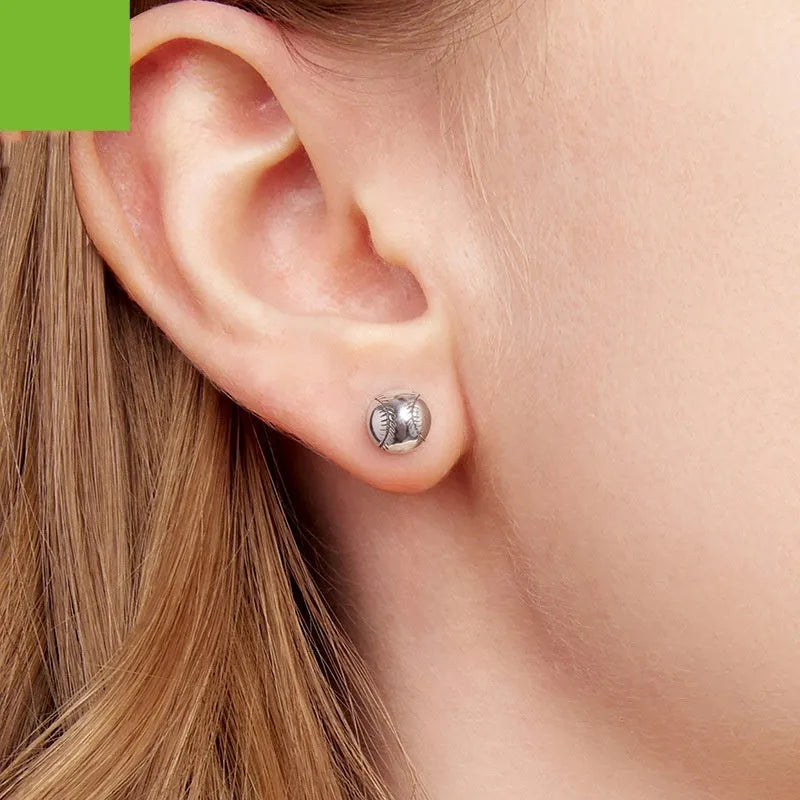 S925 sterling silver baseball stud earrings with polished finish on a plain background