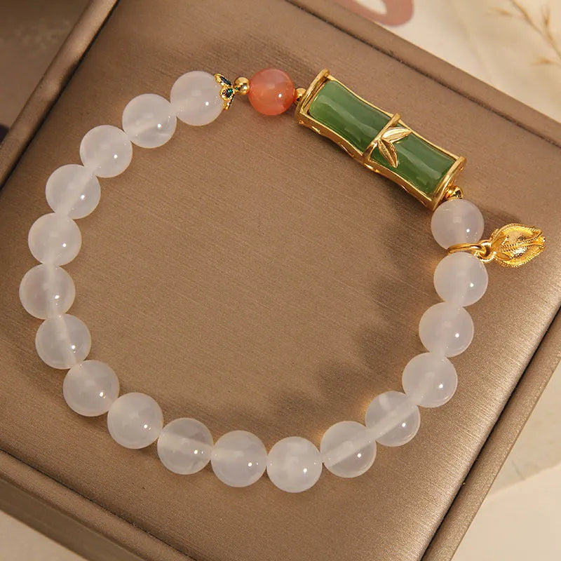 White agate and jade bamboo beaded bracelet in Chinese retro style for women