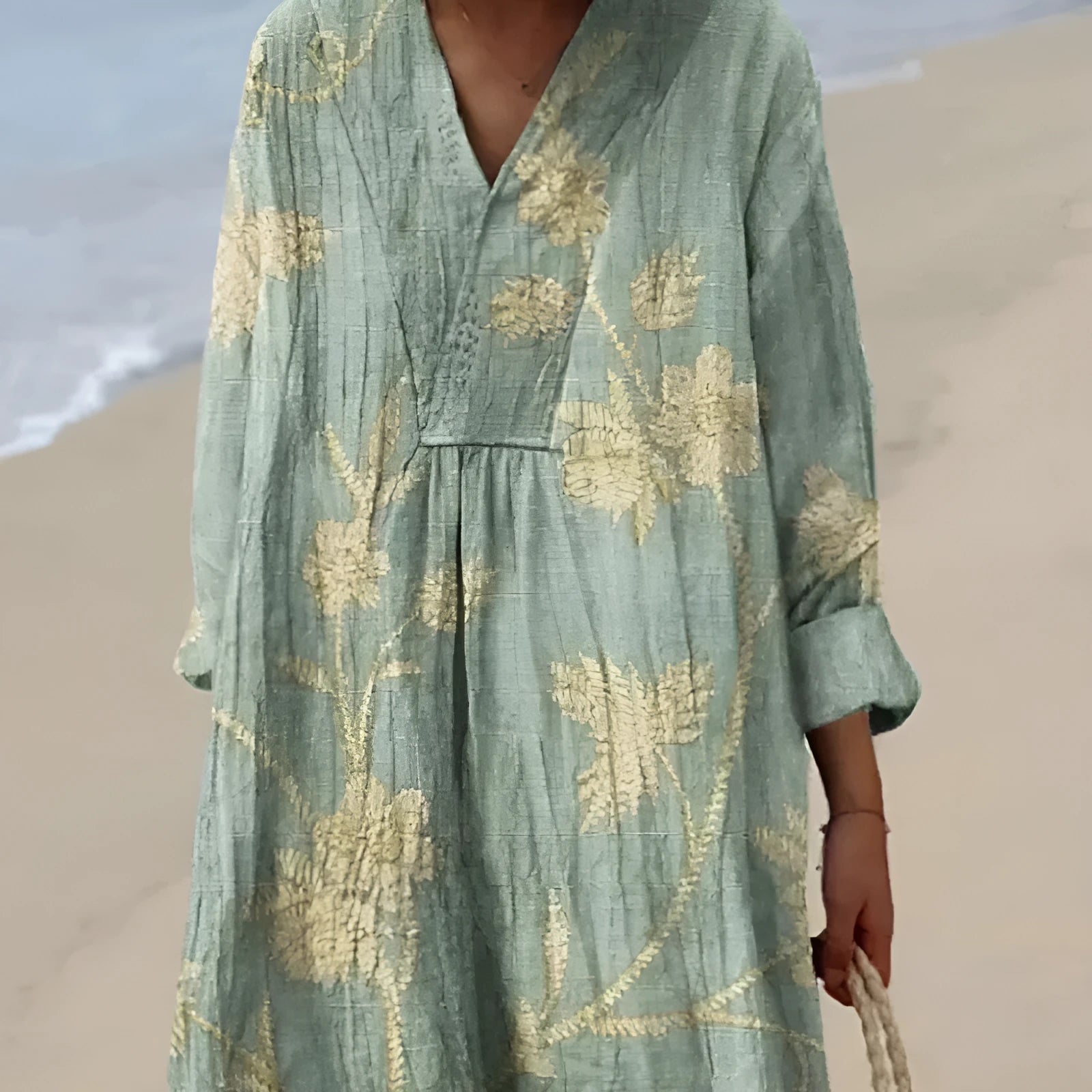 Women's long floral shirt dress with 3D printed pattern and wide waist.