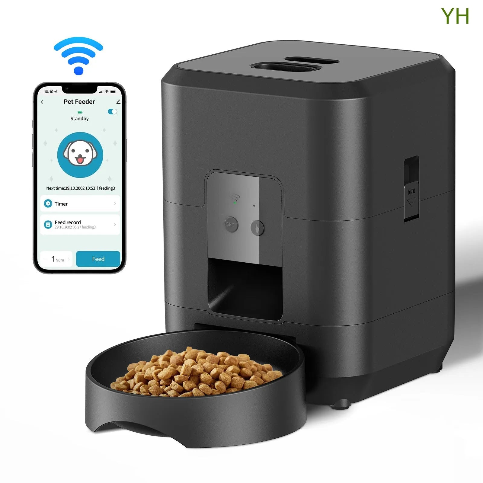 Automatic cat feeder in white or black with programmable timing and remote control options