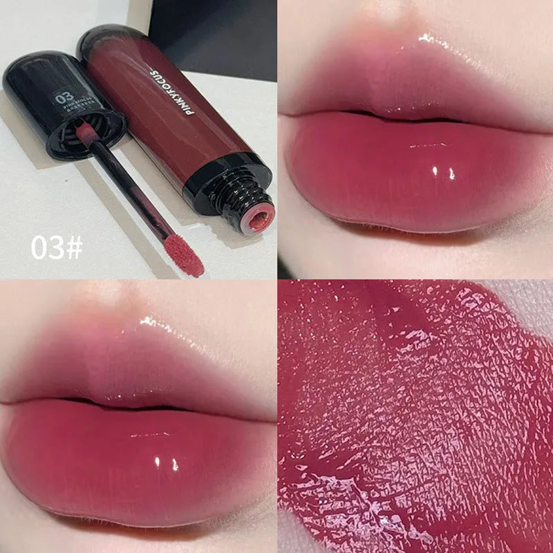 Black Citrus Mirror Lip Lacquer tube showcasing six colour shades: Black Tomato, Orange Brown, Bean Paste, Rose, And Red, Sweet Potato.