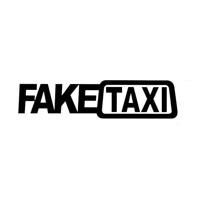 FAKE TAXI car warning sticker in black, white, and yellow, measuring 20cm by 8cm.