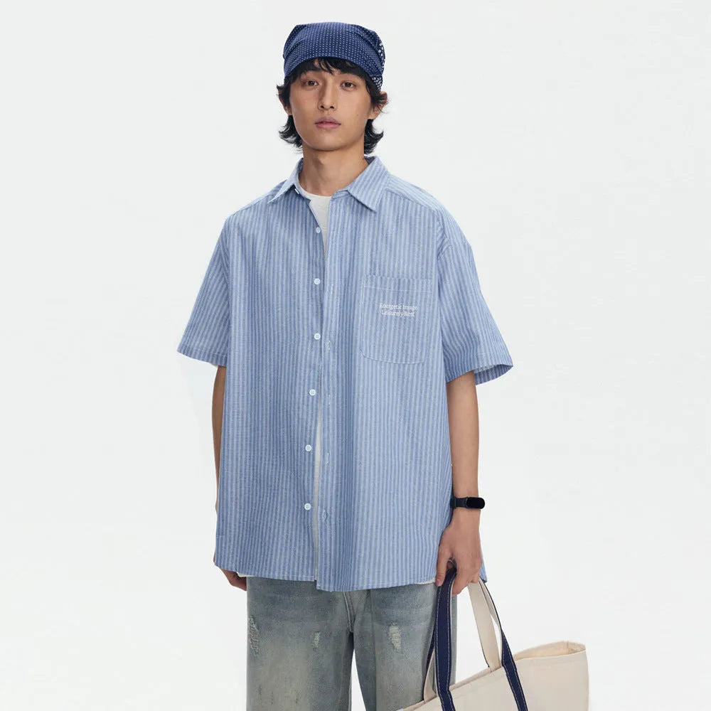 Blue striped short-sleeved overalls shirt for men and women in casual cardigan style