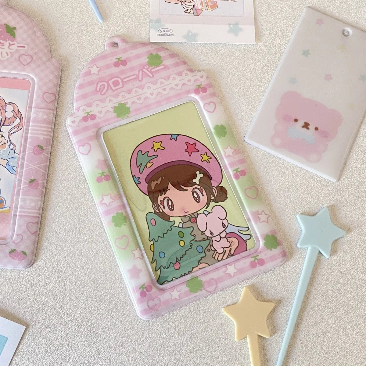 PVC cartoon meal card holder with strawberry or four leaf clover design for 3-inch cards