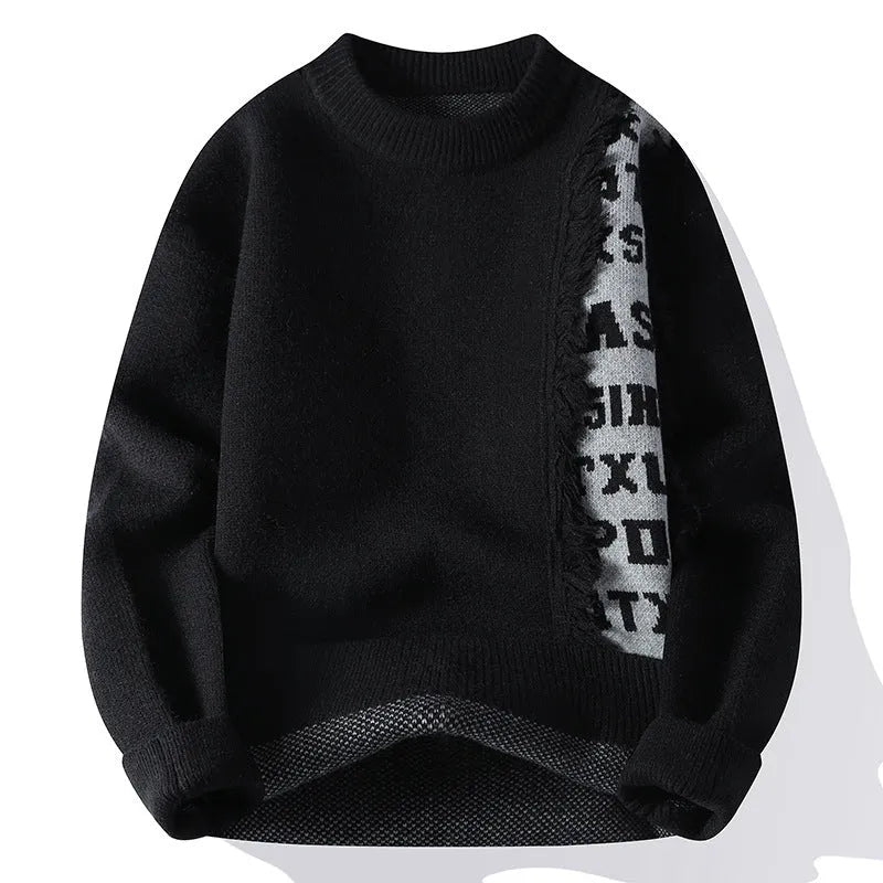 Men's loose grey knitted pullover with ribbed hemline on a hanger