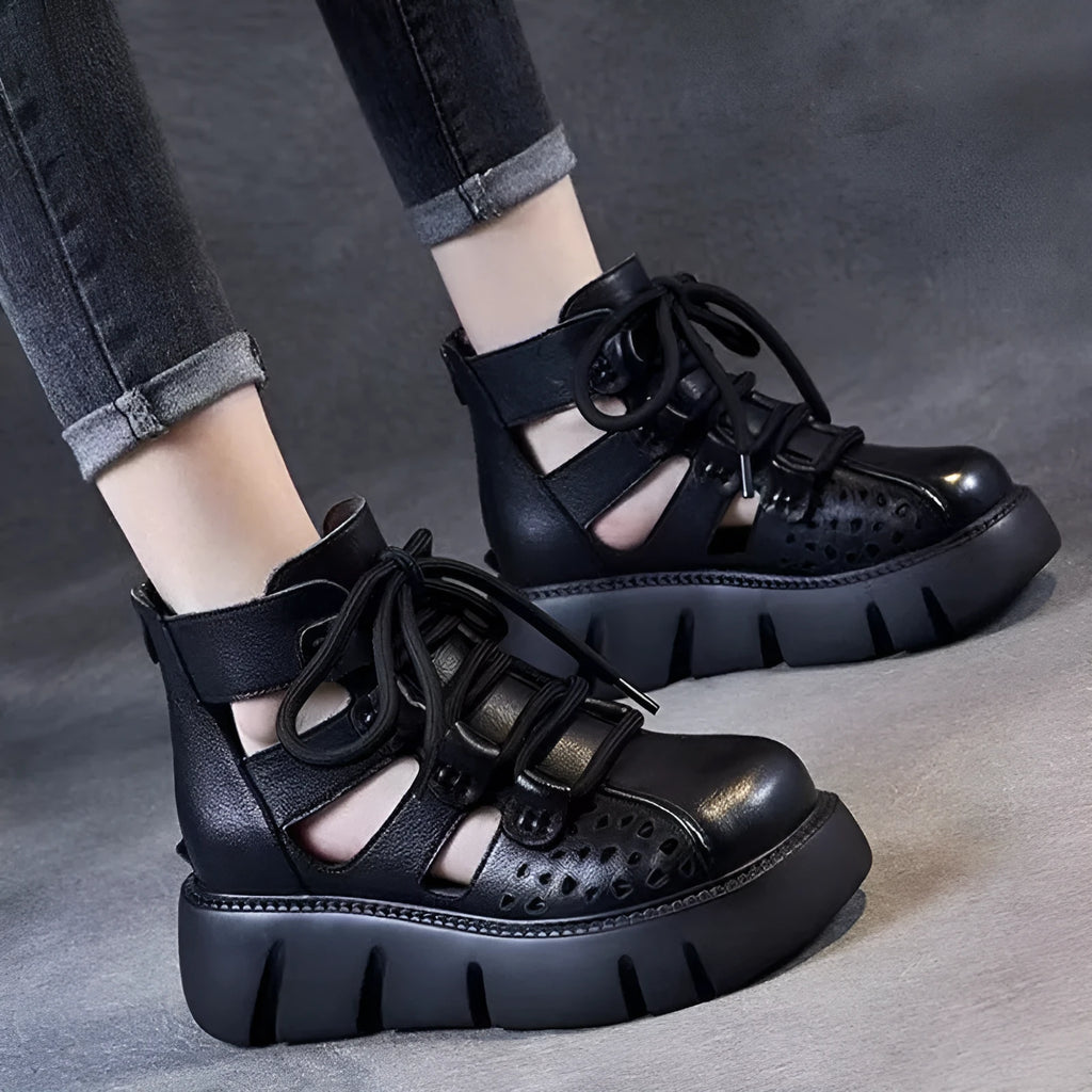 Women's black platform sandals with hollow hole design and fish mouth toe shape