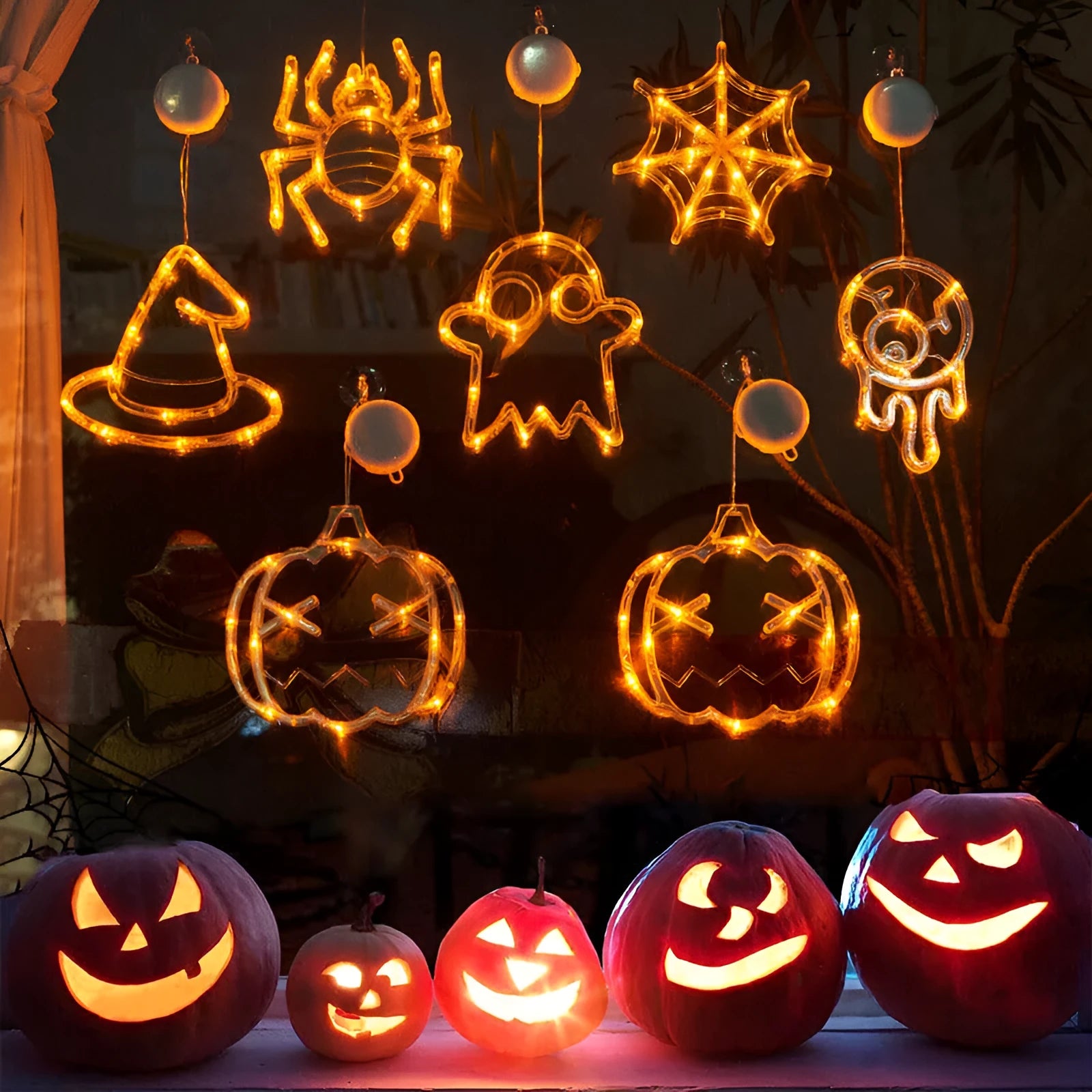 Halloween window hanging LED lights with spider, pumpkin and ghost designs on suction cups