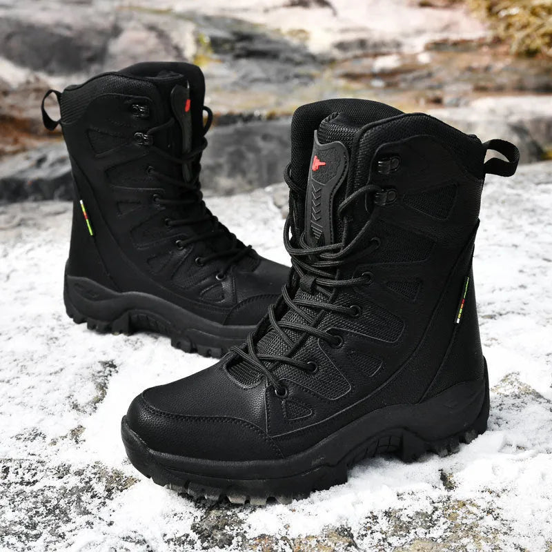 Men's black cowhide hi-top hiking shoes with platform sole for outdoor running and camping