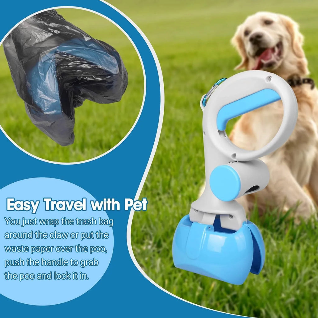 Black ABS plastic pet pooper scooper with built-in trash bag holder and top carrying hook.