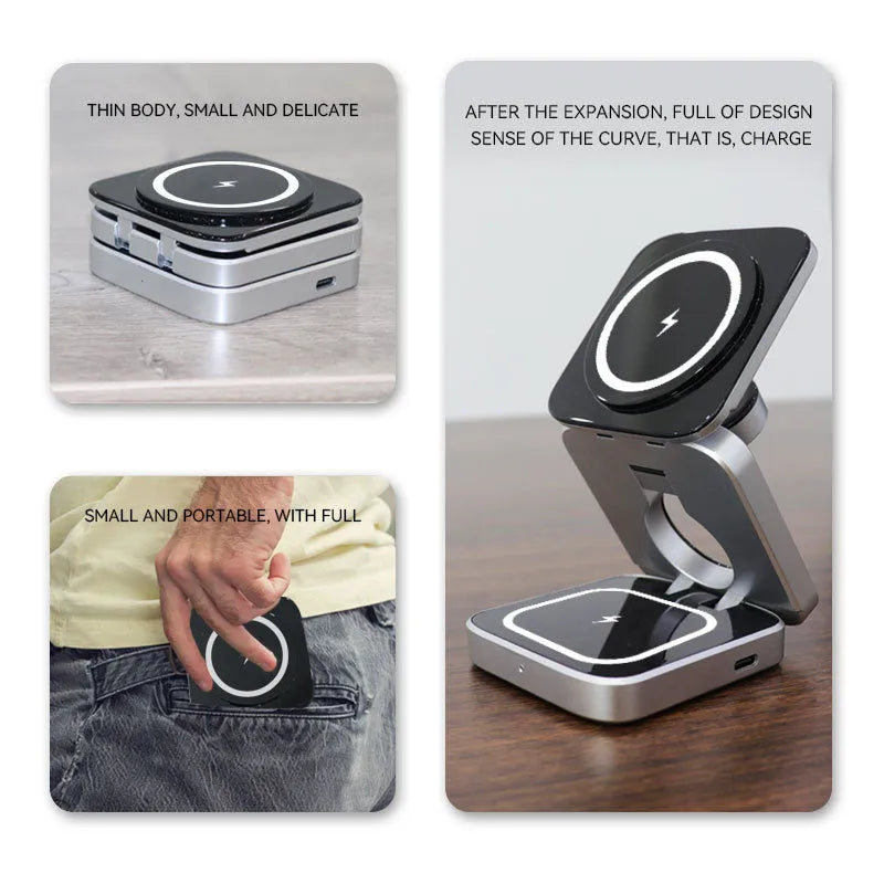 Folding three-in-one wireless charging bracket for Apple Samsung and Google devices with magnetic ring