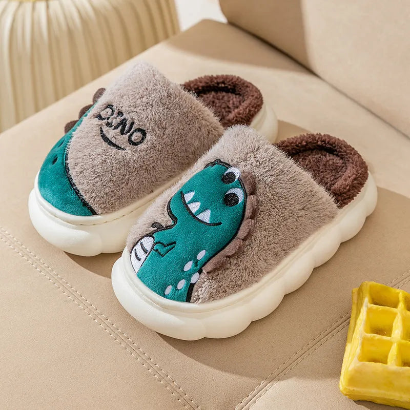 Cotton plush slippers in dinosaur colours for indoor couple wear