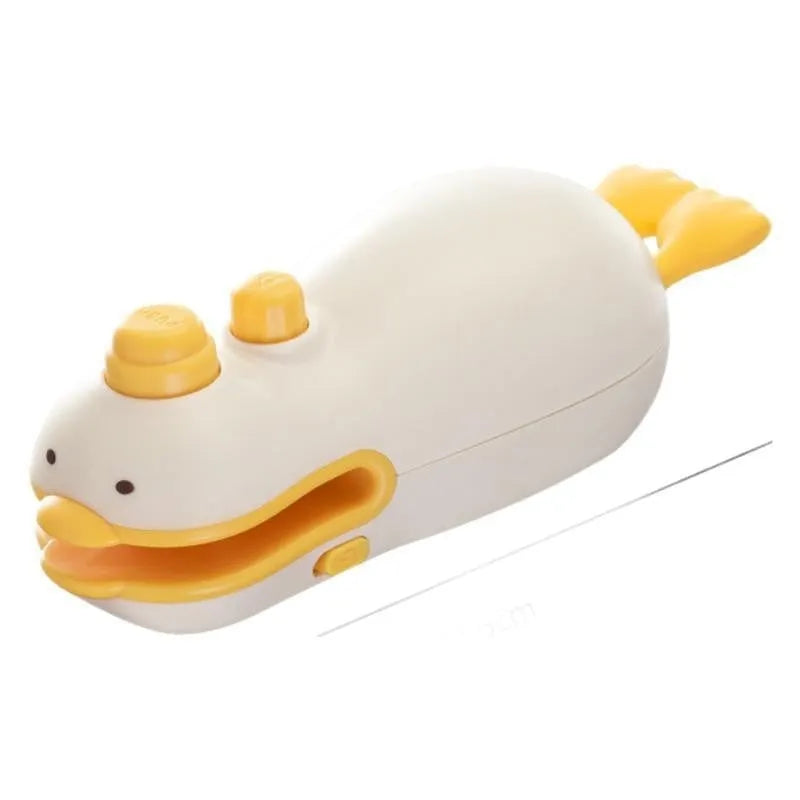 Yellow duck jacquard patterned rechargeable handheld bag sealing machine with USB charging cable.