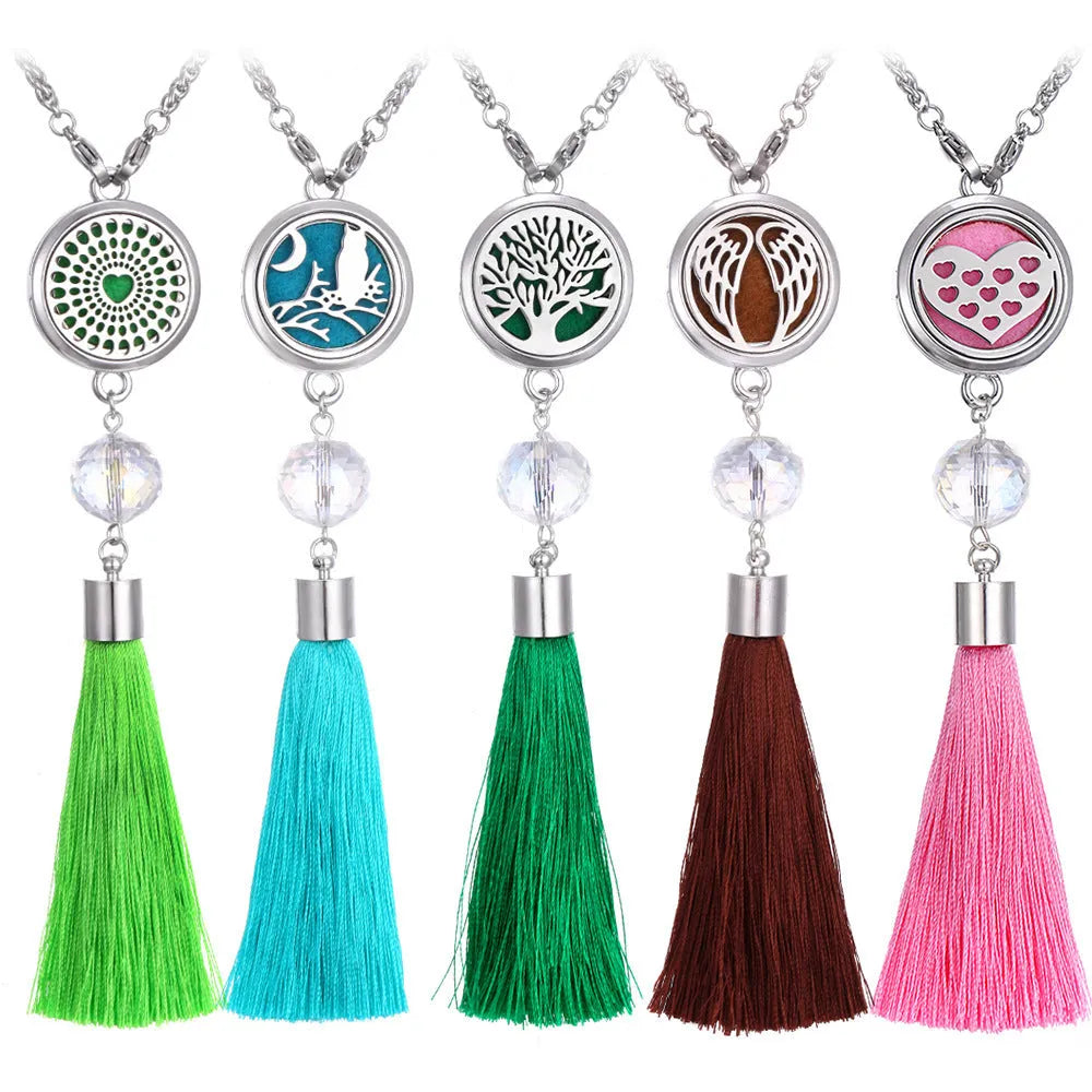 Alloy tassel aromatherapy car pendant with circular box design and chain for rear-view mirror