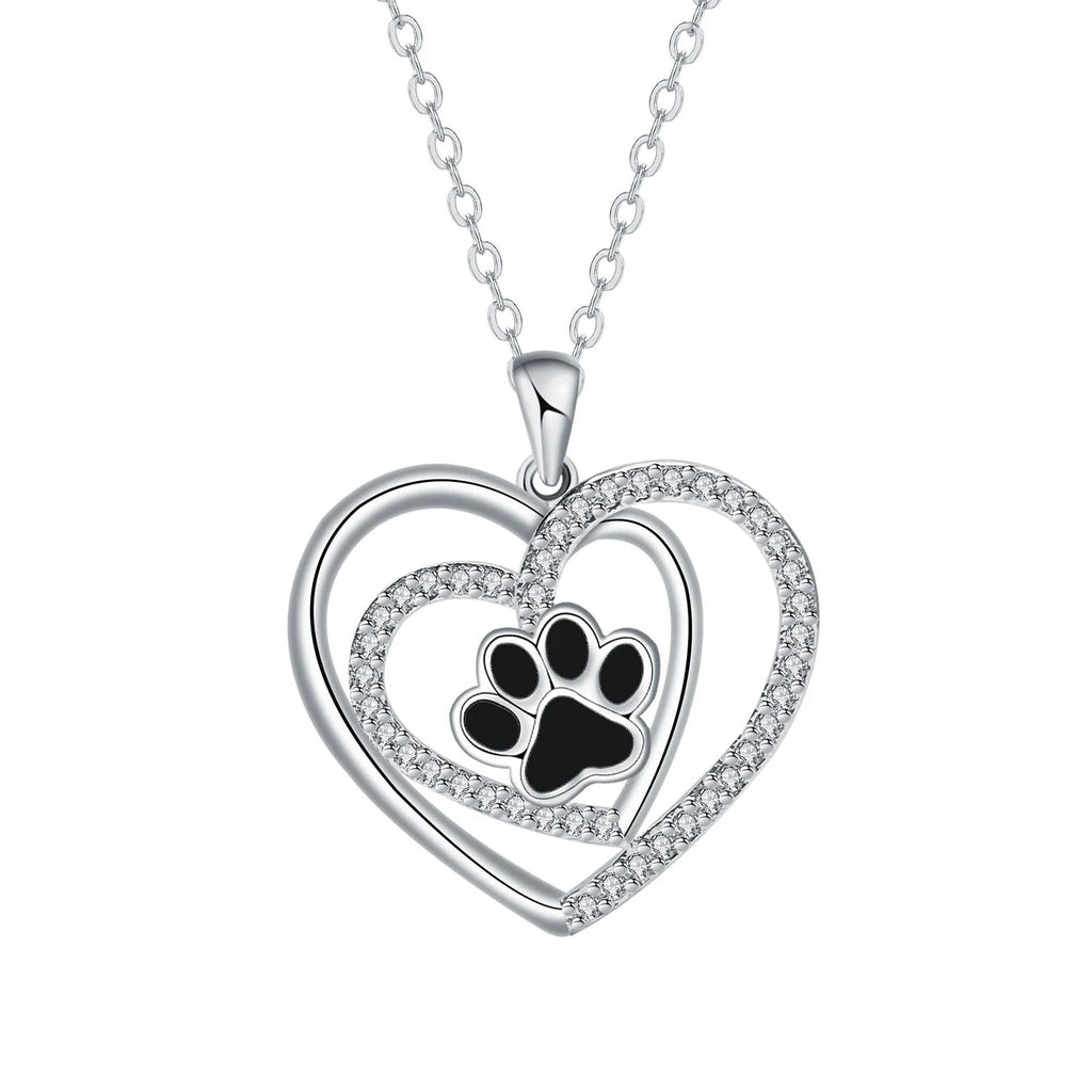 Women's necklace with dog paw print pendant on copper cross chain, heart-themed electroplated finish