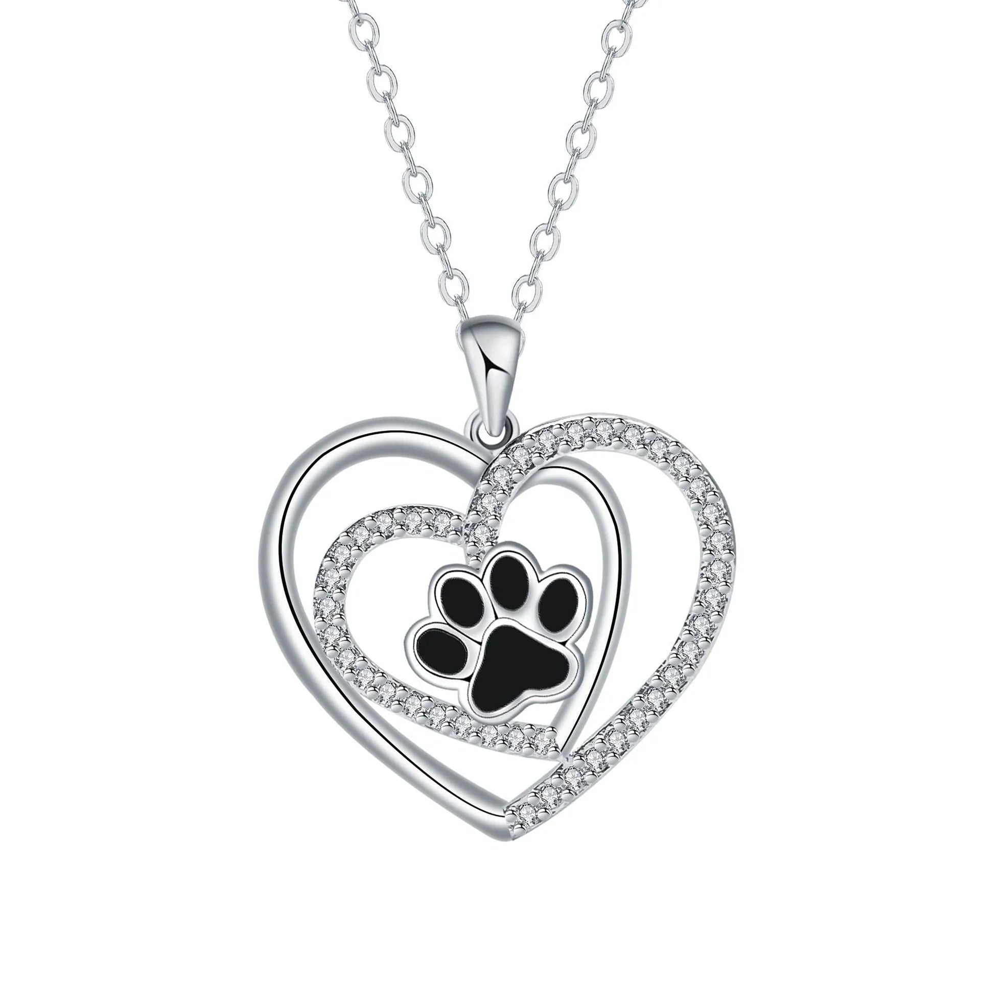 Women's necklace with dog paw print pendant on copper cross chain, heart-themed electroplated finish