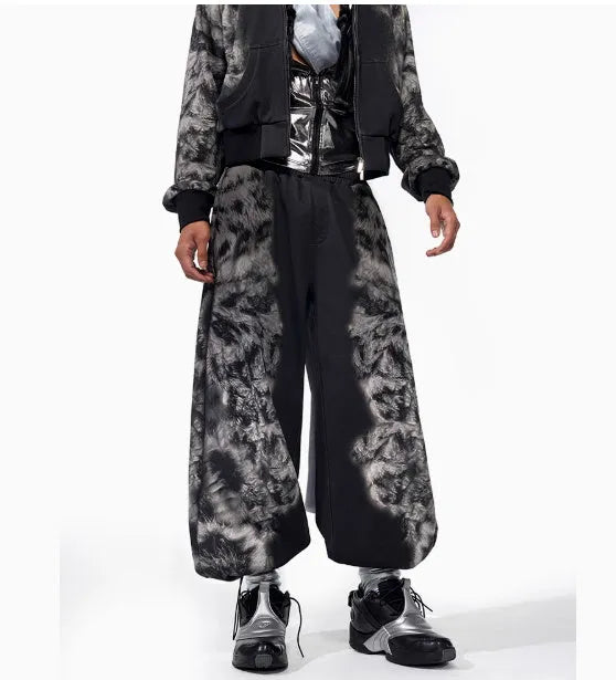 Women's three-piece polyester trousers set with hoodie in loose streetwear style featuring collage stitching