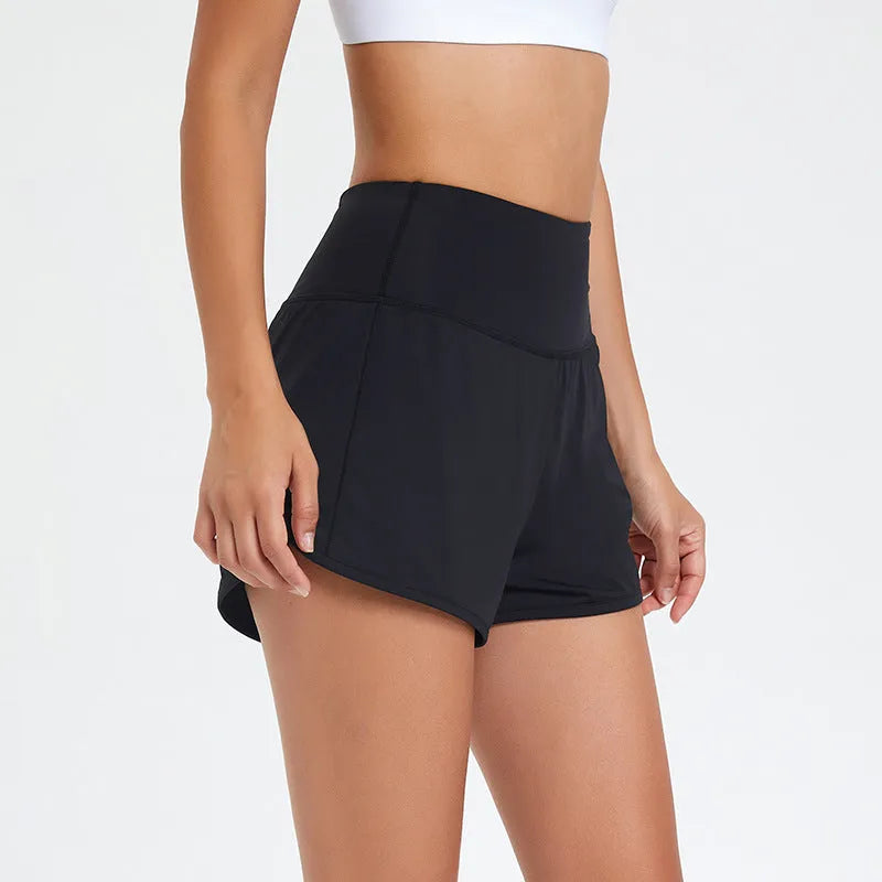 Women's high-waist nylon fitness shorts in black, water blue, and white colours for summer sports
