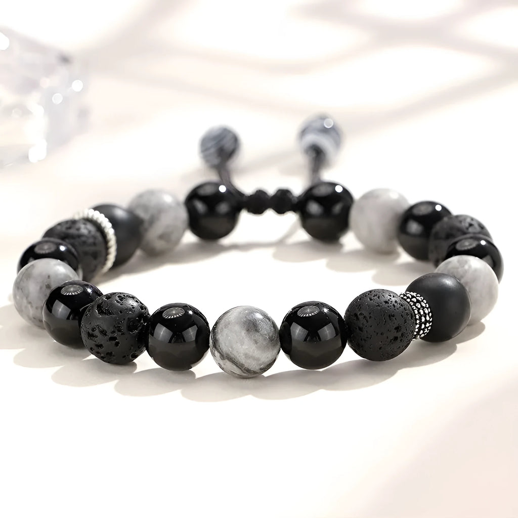 Diamond-shaped black agate map stone volcanic rock bracelet in New Chinese style.