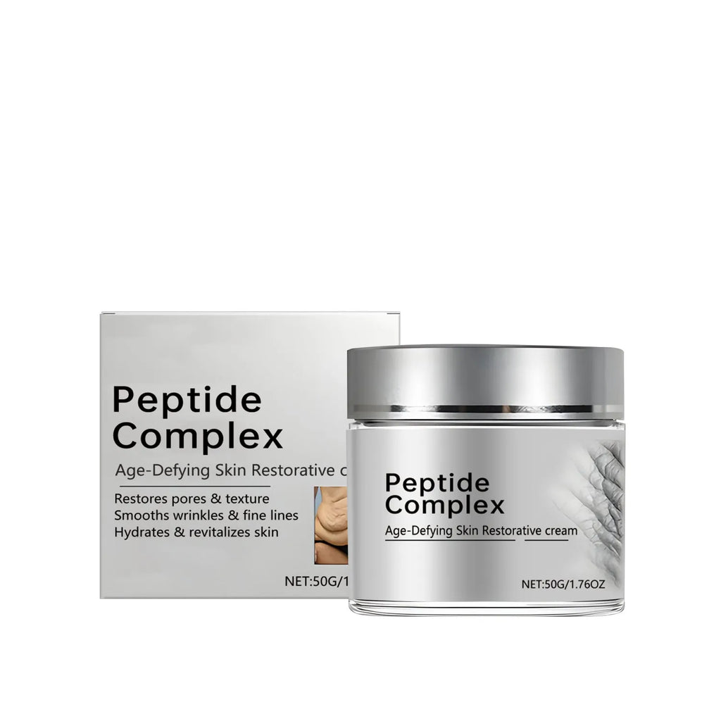 Skin Restorative Cream in a white jar, 50g net weight, with peptide formula for firming and moisture