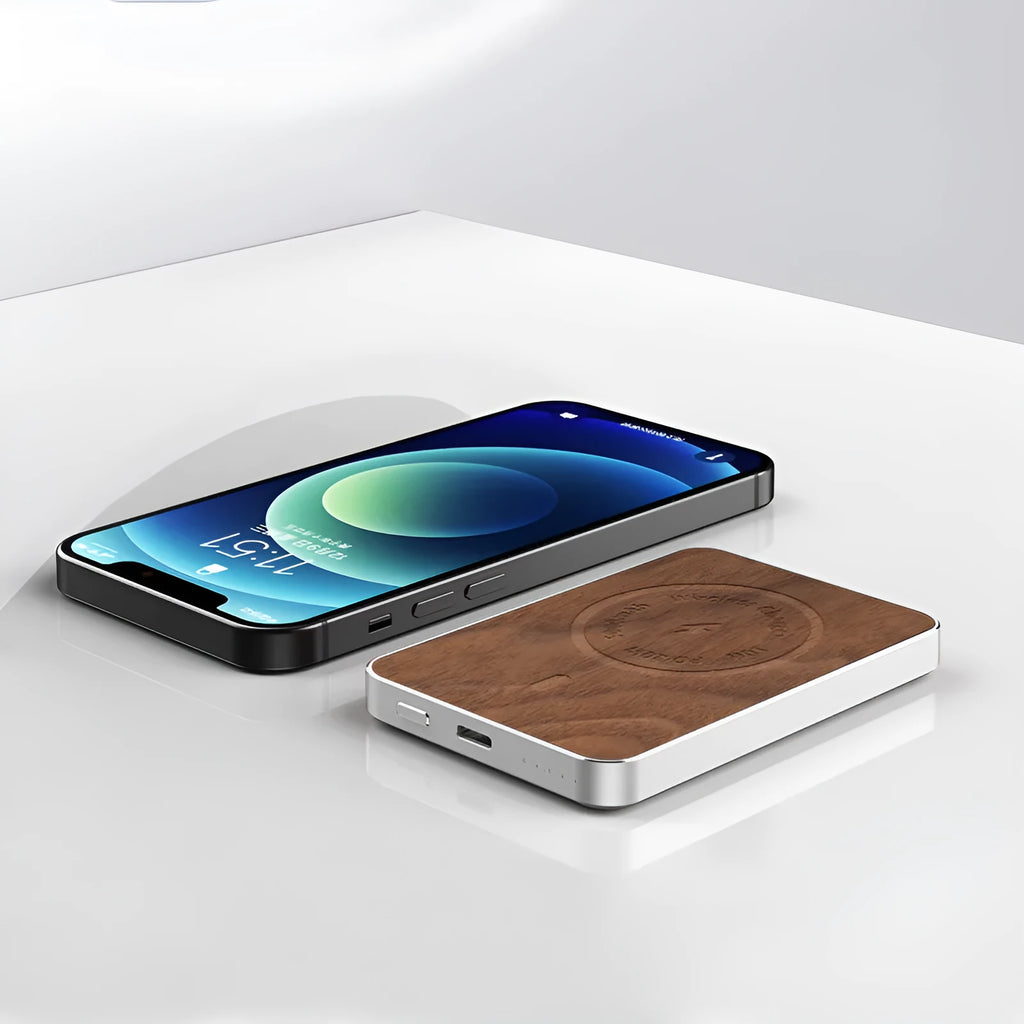 Khaki magnetic wireless charging bank with 5000mAh polymer battery and alloy case