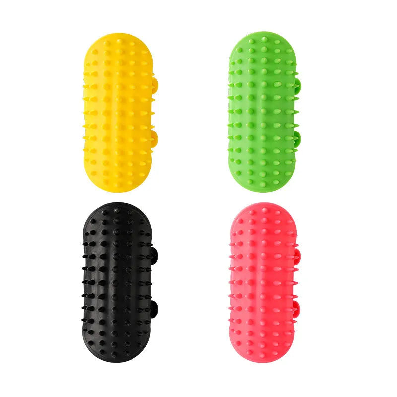 Silicone cat grooming and scratching brush with adjustable strap wrapped around a table leg.