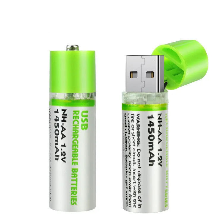 USB AA NiMH rechargeable battery with white and green cover options for 1.5V 1450mAh rated capacity