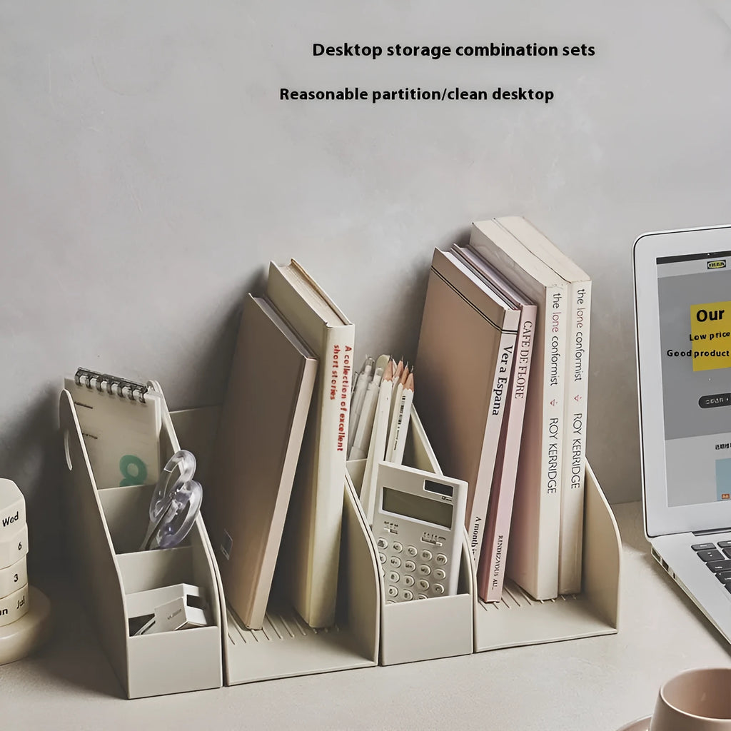 Plastic desktop stationery organiser with two grid compartments in ivory white colour