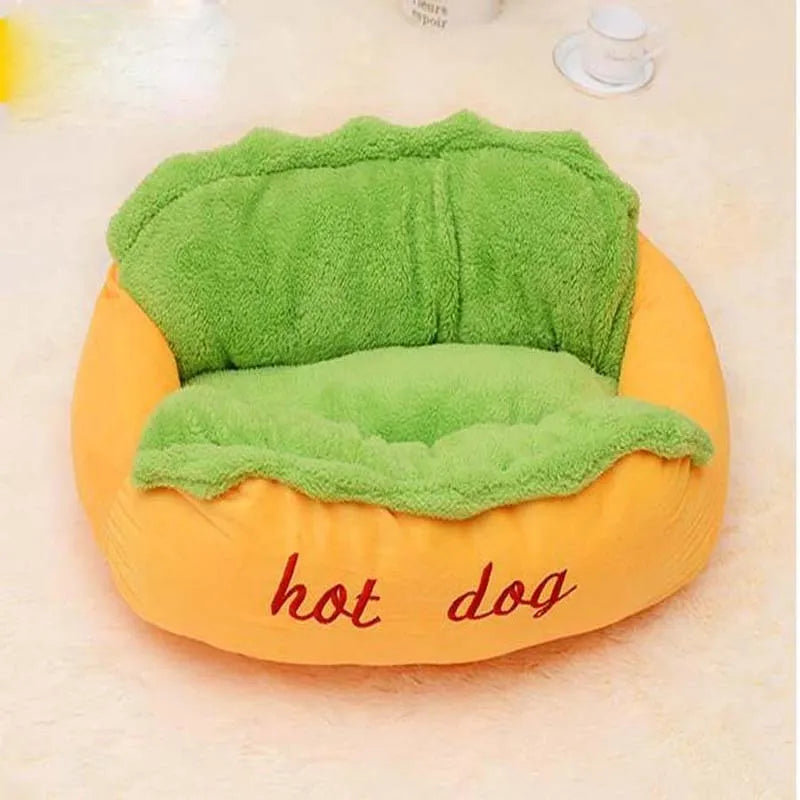 Sofa-style hot dog pet bed with raised sides and a removable cushion in a coffee colour.