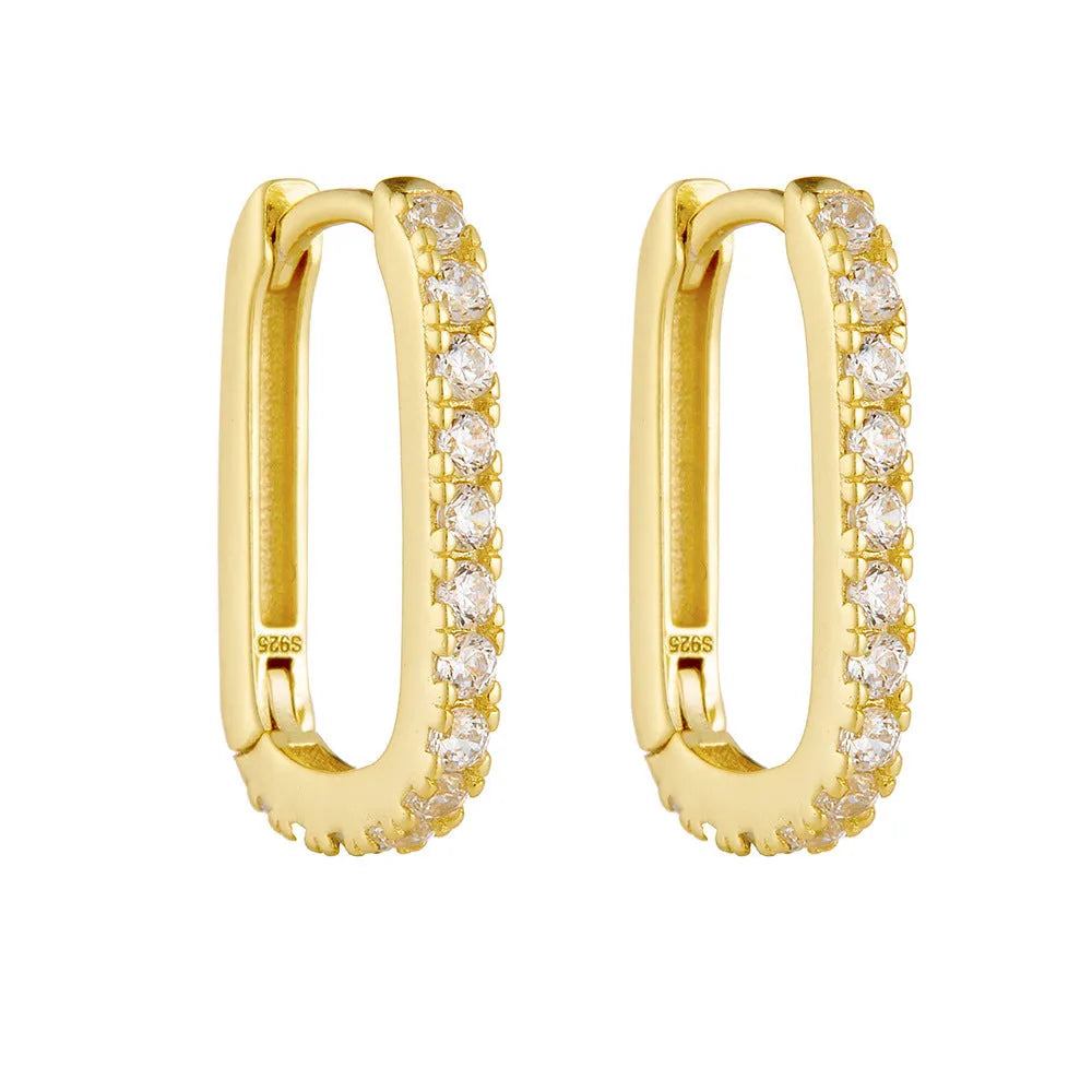 S925 sterling silver oval zircon ear clips with geometric design and diamond cut treatment