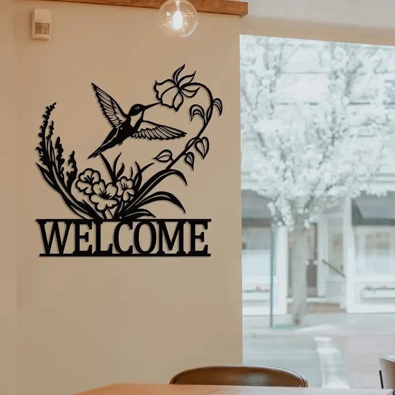 Copper metal animal silhouette welcome board wall mounted with butterfly design on courtyard door