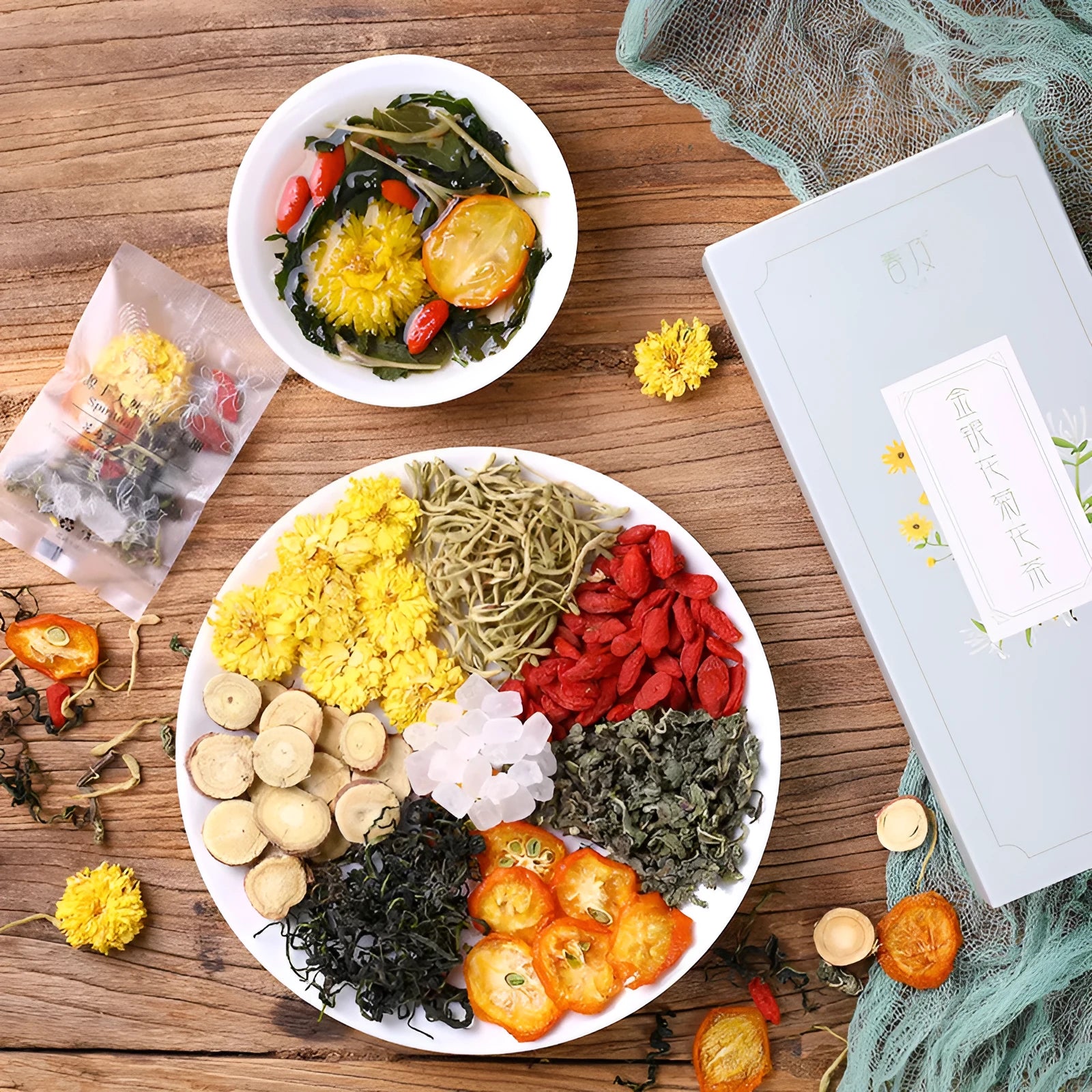 Honeysuckle chrysanthemum herbal tea 150g box with promotional bundle options and free tea cups