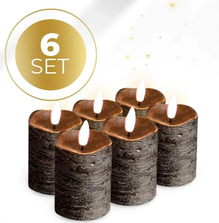 Four black S6 LED pillar candles with realistic wax finish and flameless design