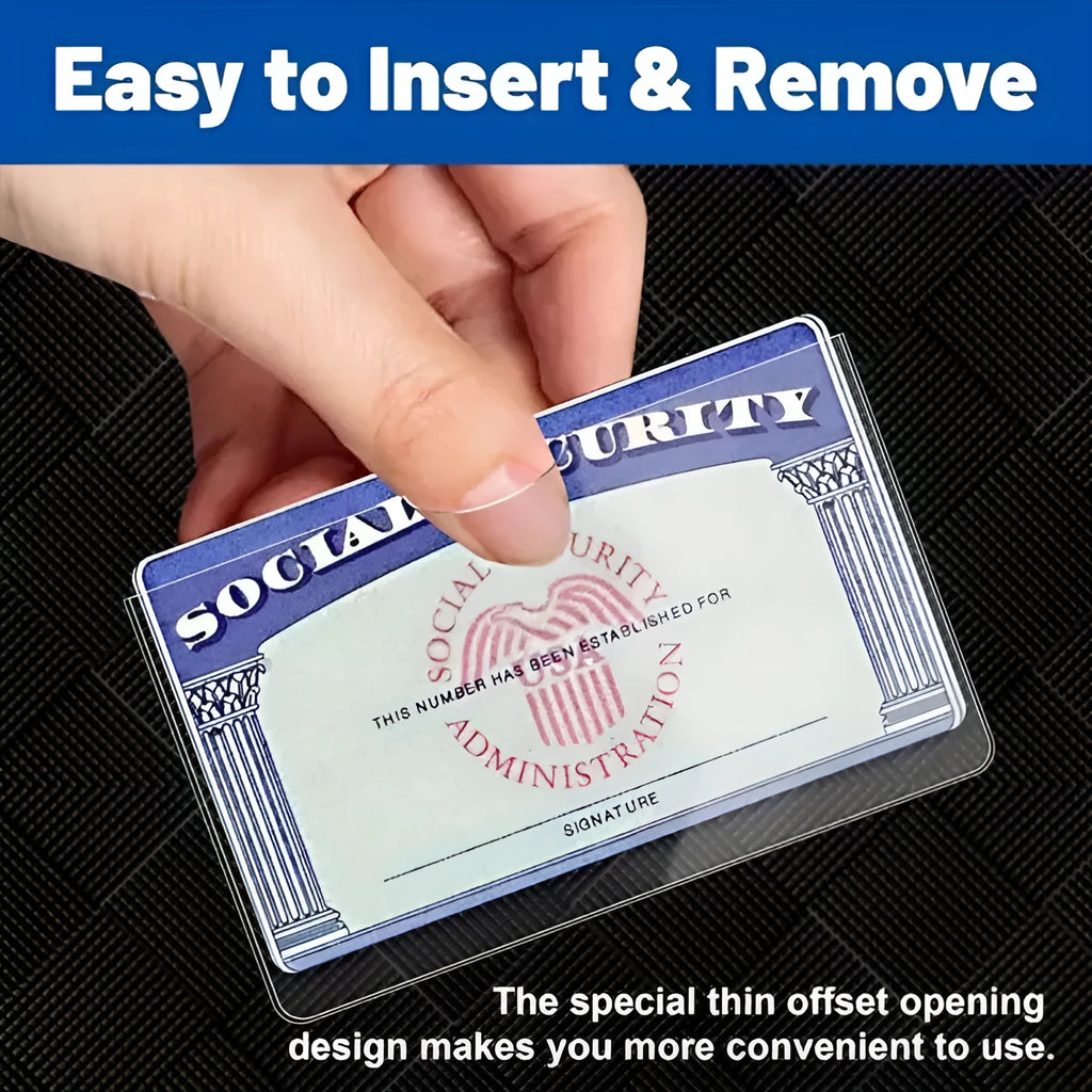 Transparent PVC ID card holder for social security and student bus cards, size 9.7cm by 5.9cm.