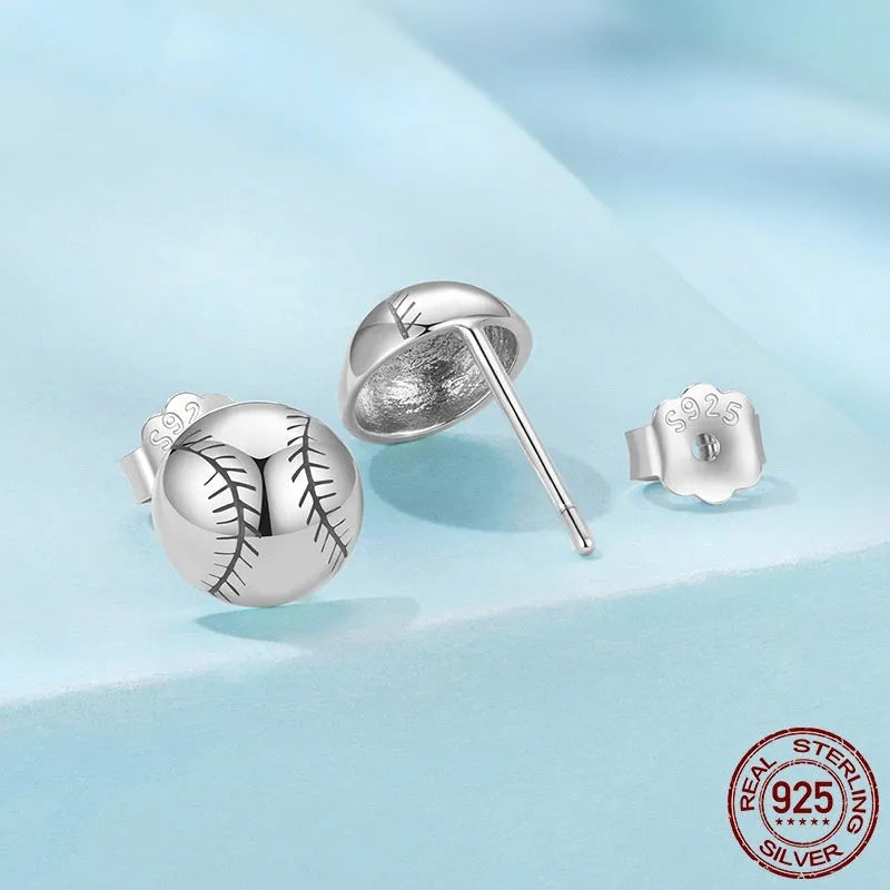 S925 sterling silver baseball stud earrings with polished finish on a plain background