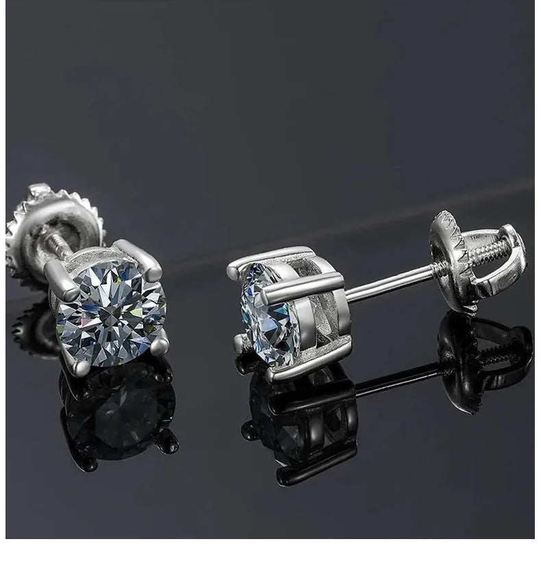 Screw four claw moissanite stud earrings geometric design 7mm width silver setting