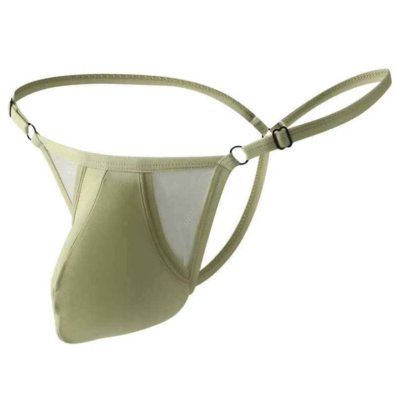 Men's ice silk T-back underwear in army green with geometric pattern, showing adjustable thin straps and low-waist design.