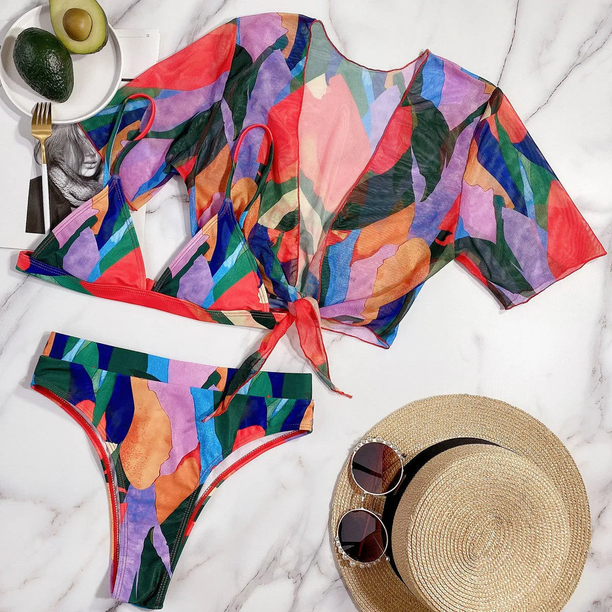 Red women's printed split swimsuit with European American pattern style and nylon construction