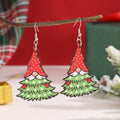 Wooden Christmas earrings showing Christmas tree design and water drop snowman design with festive printing
