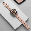 Fluoro rubber Apple Watch replacement strap with T buckle in black, blue, grey, orange, pink, or starlight.