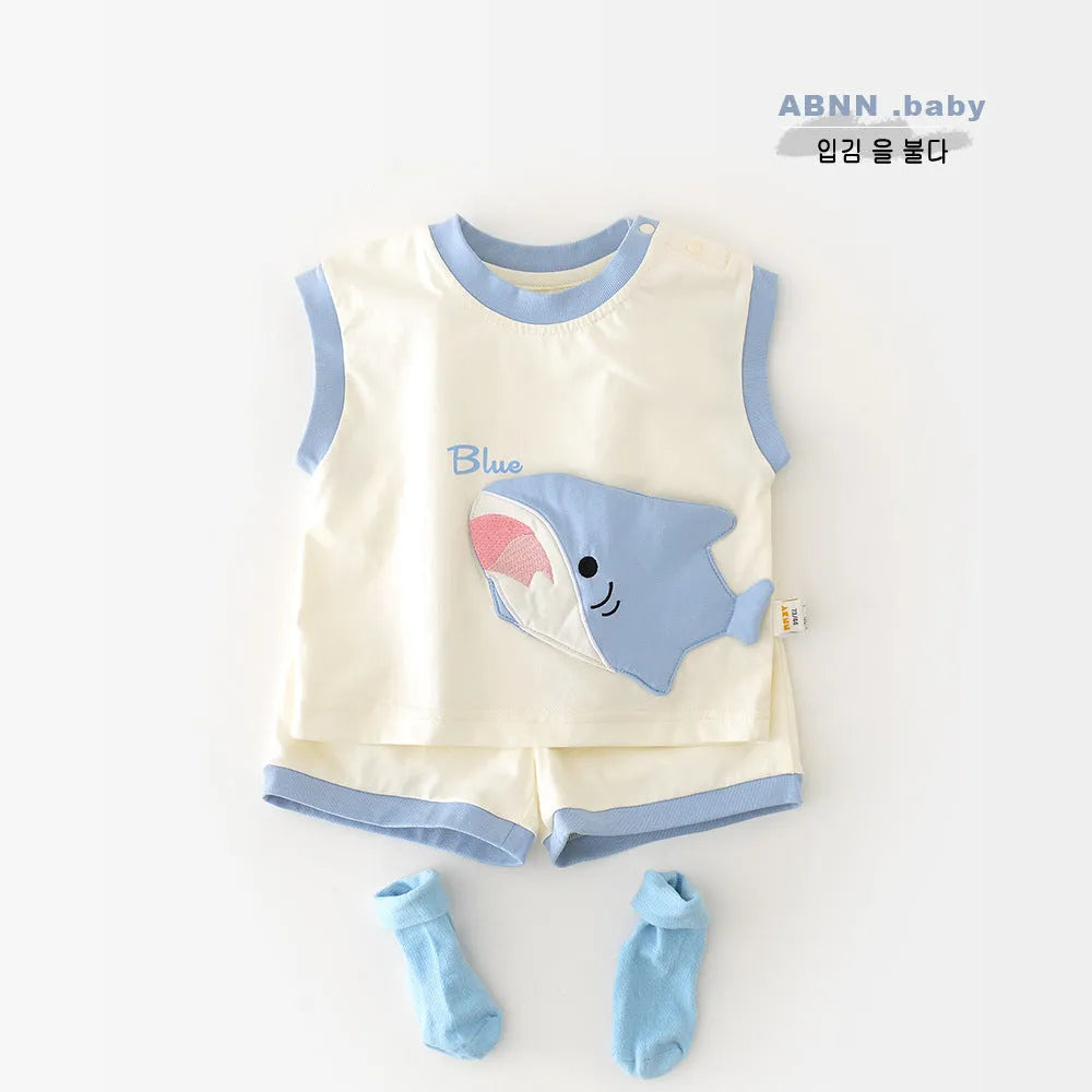Blue shark cartoon vest and shorts set for toddlers, cotton blend pullover summer suit