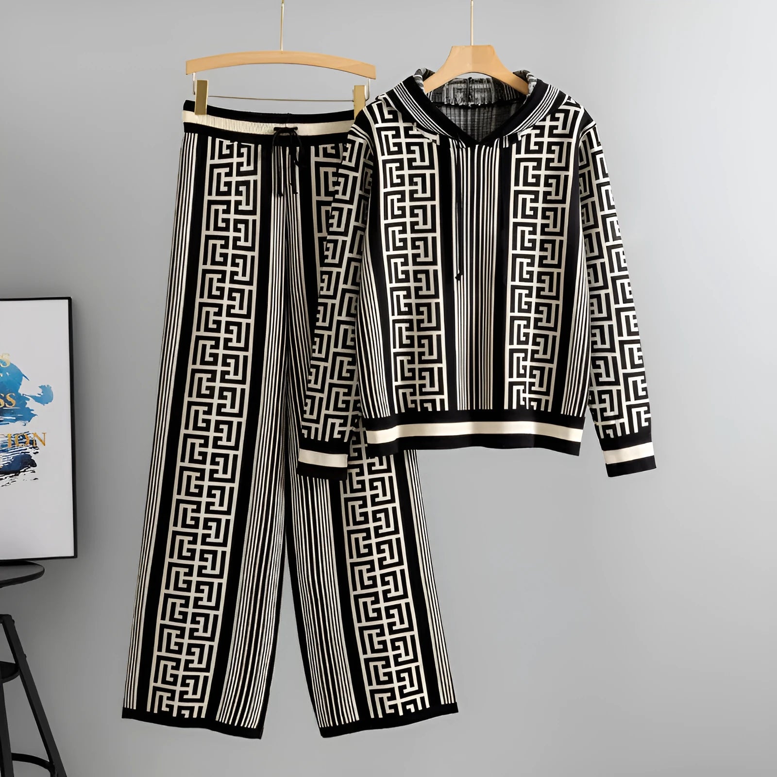 Women's casual knit two-piece set with hooded top and wide leg pants in khaki colour