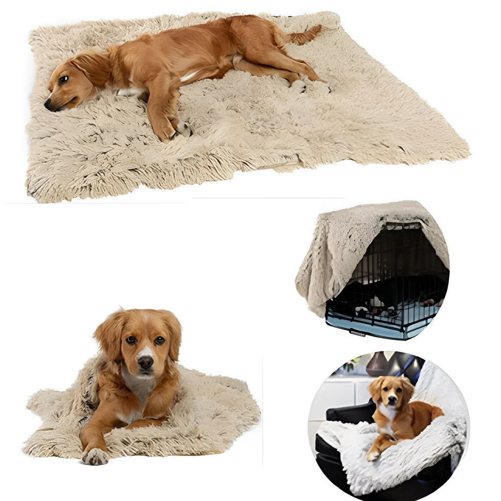 Wool and polyester pet blanket in long plush material showing colour options and size comparison