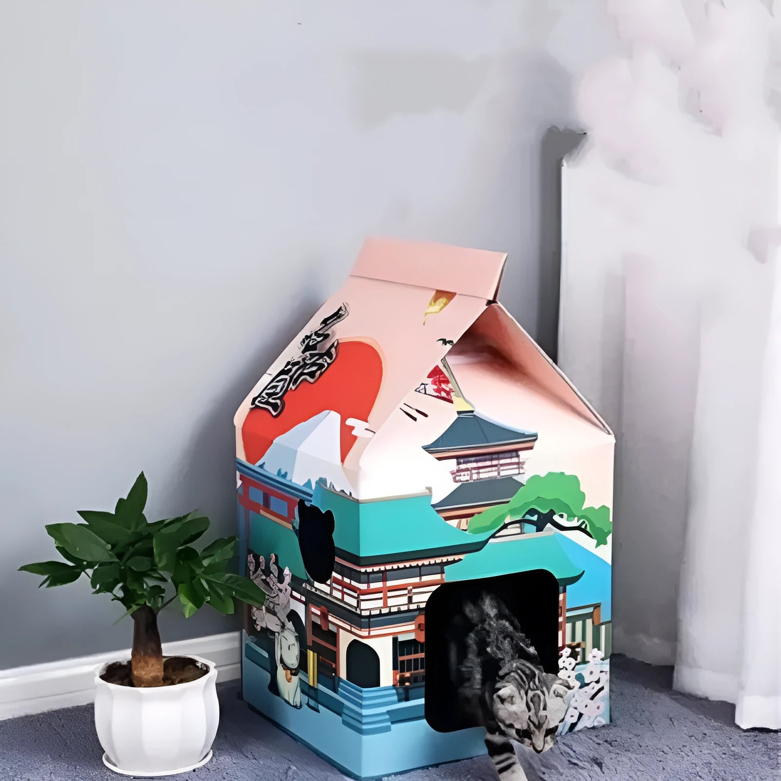 Foldable corrugated paper cat scratching board and nest in Nagoya pattern design.