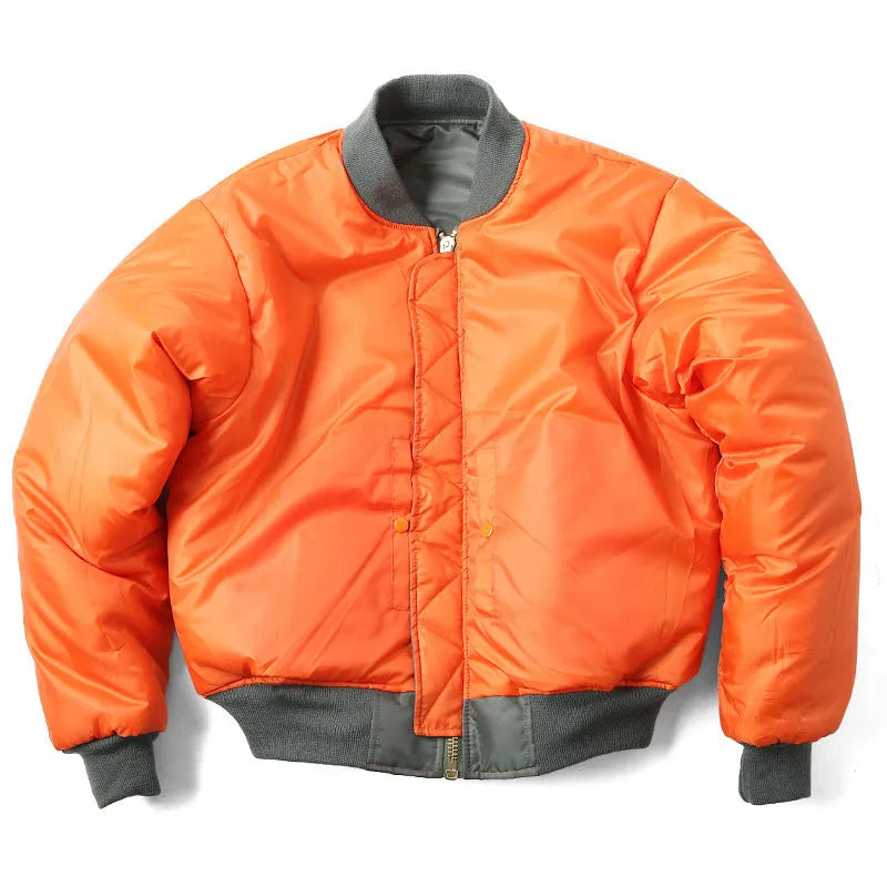 Men's loose-fit Army Green cotton-padded pilot jacket with wear-resistant nylon fabric on a hanger.