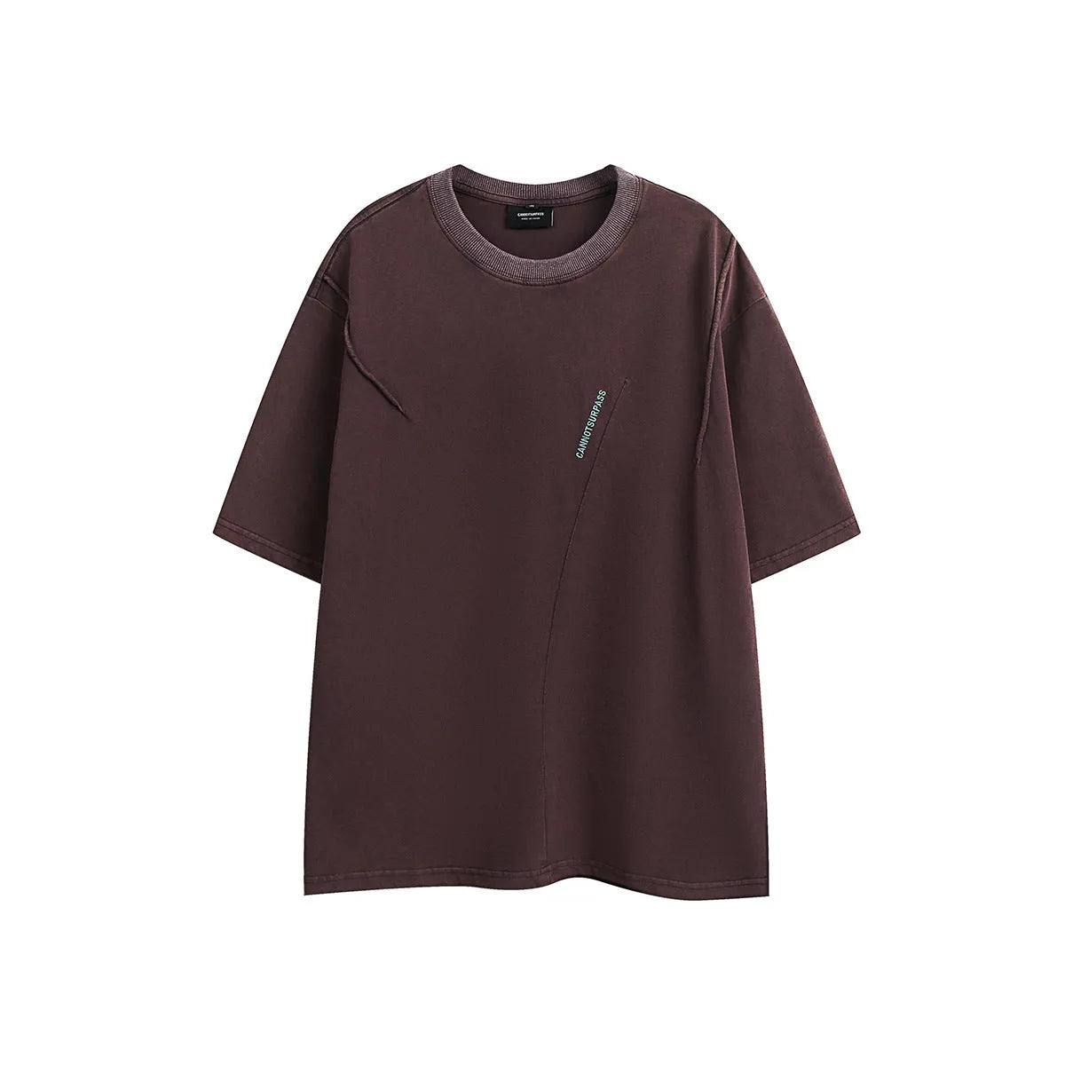 Men's purple cotton loose fit retro embroidered short-sleeve T-shirt laid flat.
