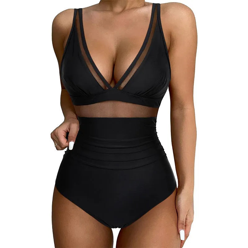 Black women's halter one-piece swimsuit with briefs cut in nylon fabric