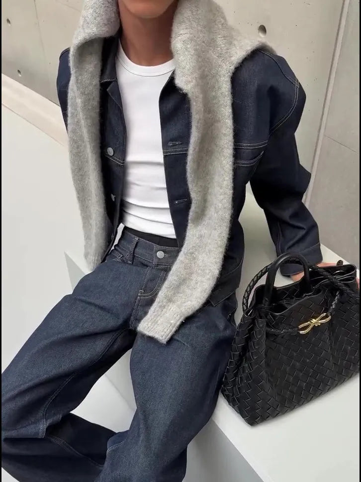 Blue denim oversized jacket and wide-leg pants set for women, casual daily wear with regular fit
