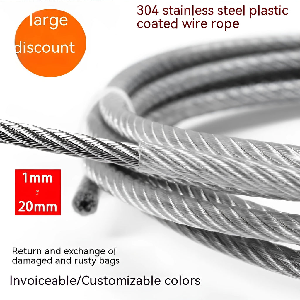 Close-up of a coated stainless steel anti-theft security cable showing its multi-strand construction.