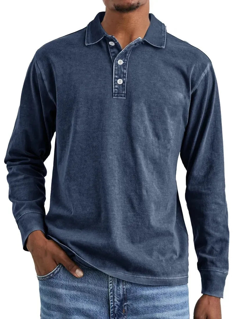 Men's retro washed distressed cotton lapel collar long sleeve polo shirt in army green